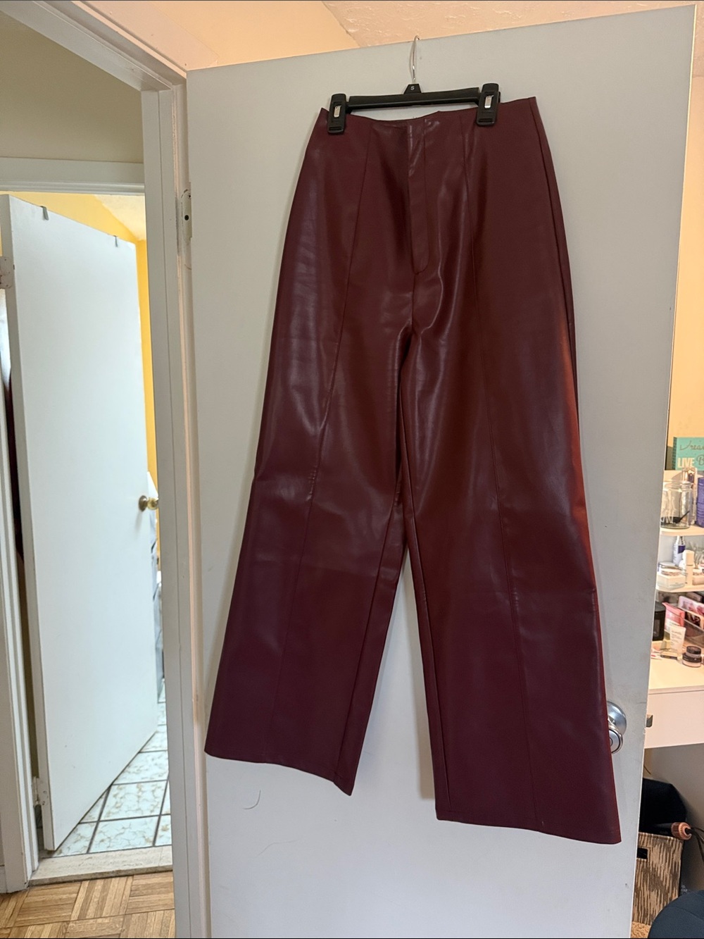 Commense Wide-Leg Faux Leather Pants in Burgundy